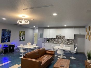 Clubroom complete with ping pong, tv, pac man, and kitchenette